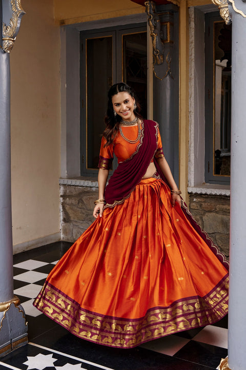 Orange Cotton Silk Lehenga Choli ClothsVilla Main image