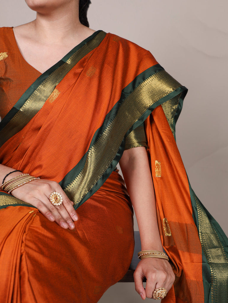 Orange Cotton Silk Saree with Paithani Weaving Work & Matching Blouse ClothsVilla