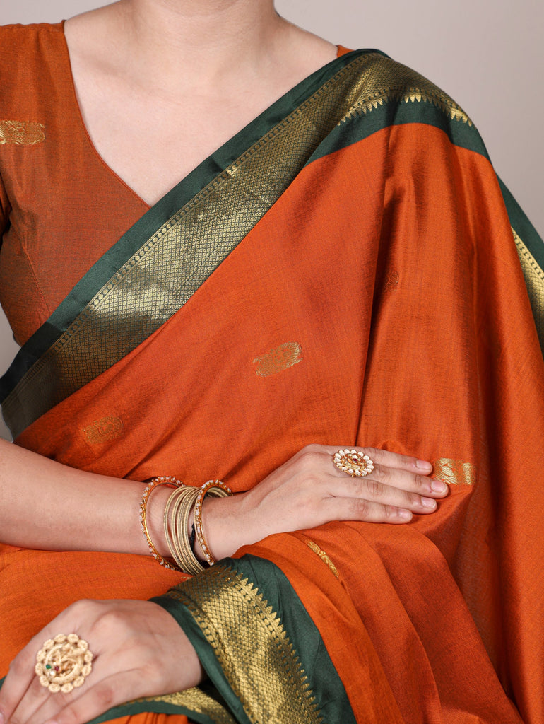 Orange Cotton Silk Saree with Paithani Weaving Work & Matching Blouse ClothsVilla