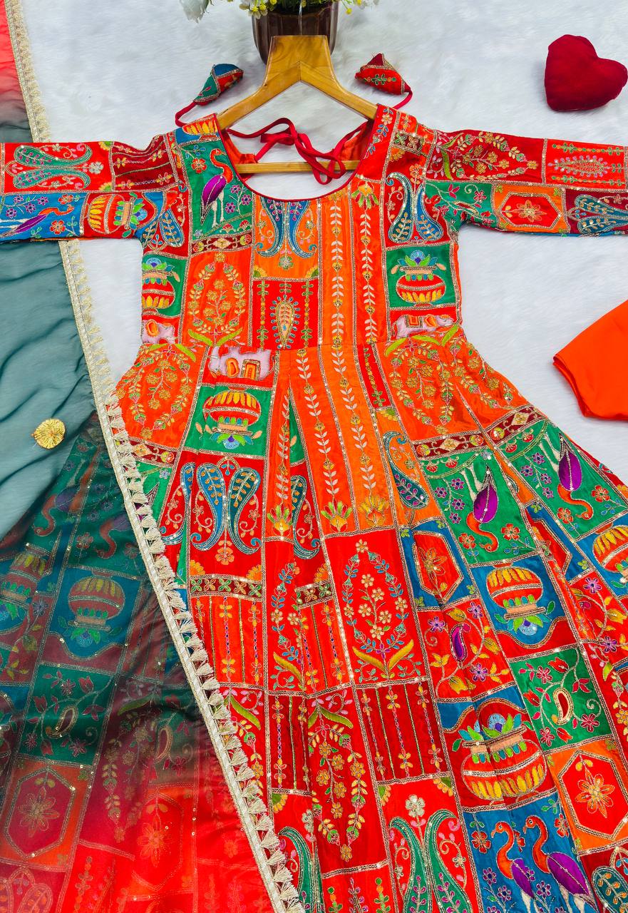 Orange Crepe Pure Embroidered Gown Set ClothsVilla