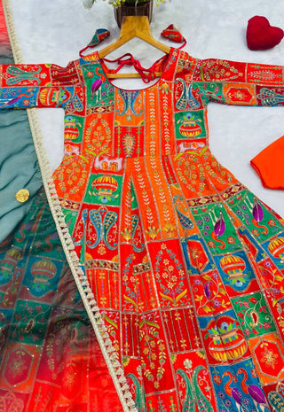 Orange Crepe Pure Embroidered Gown Set ClothsVilla
