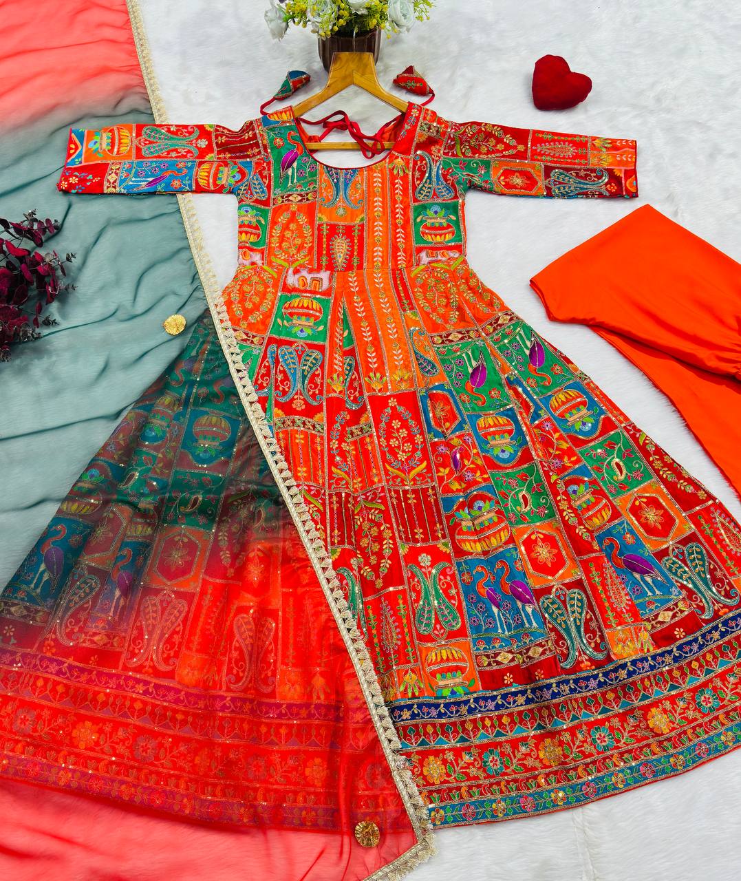 Orange Crepe Pure Embroidered Gown Set ClothsVilla