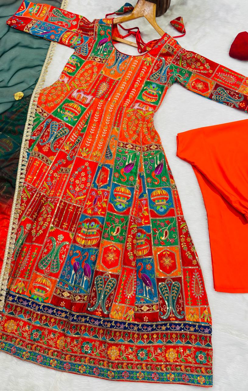 Orange Crepe Pure Embroidered Gown Set ClothsVilla