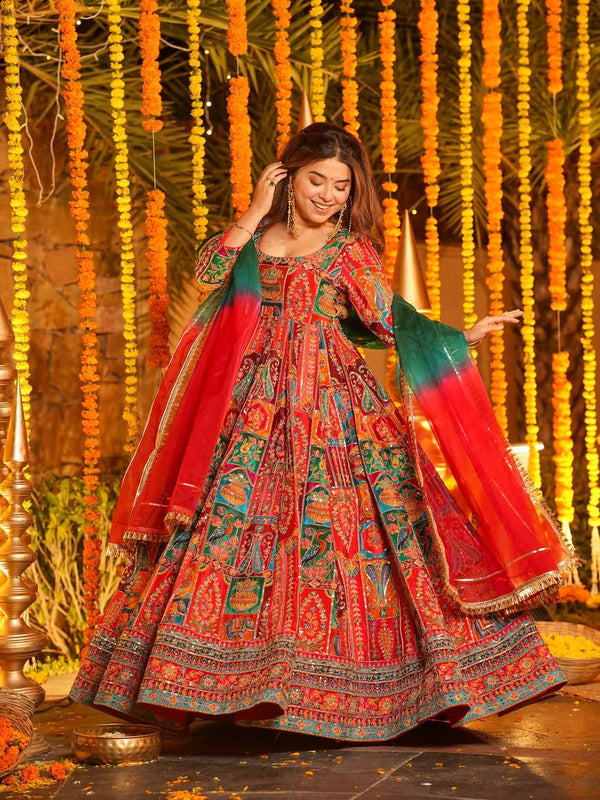 Orange Crepe Pure Embroidered Gown Set ClothsVilla