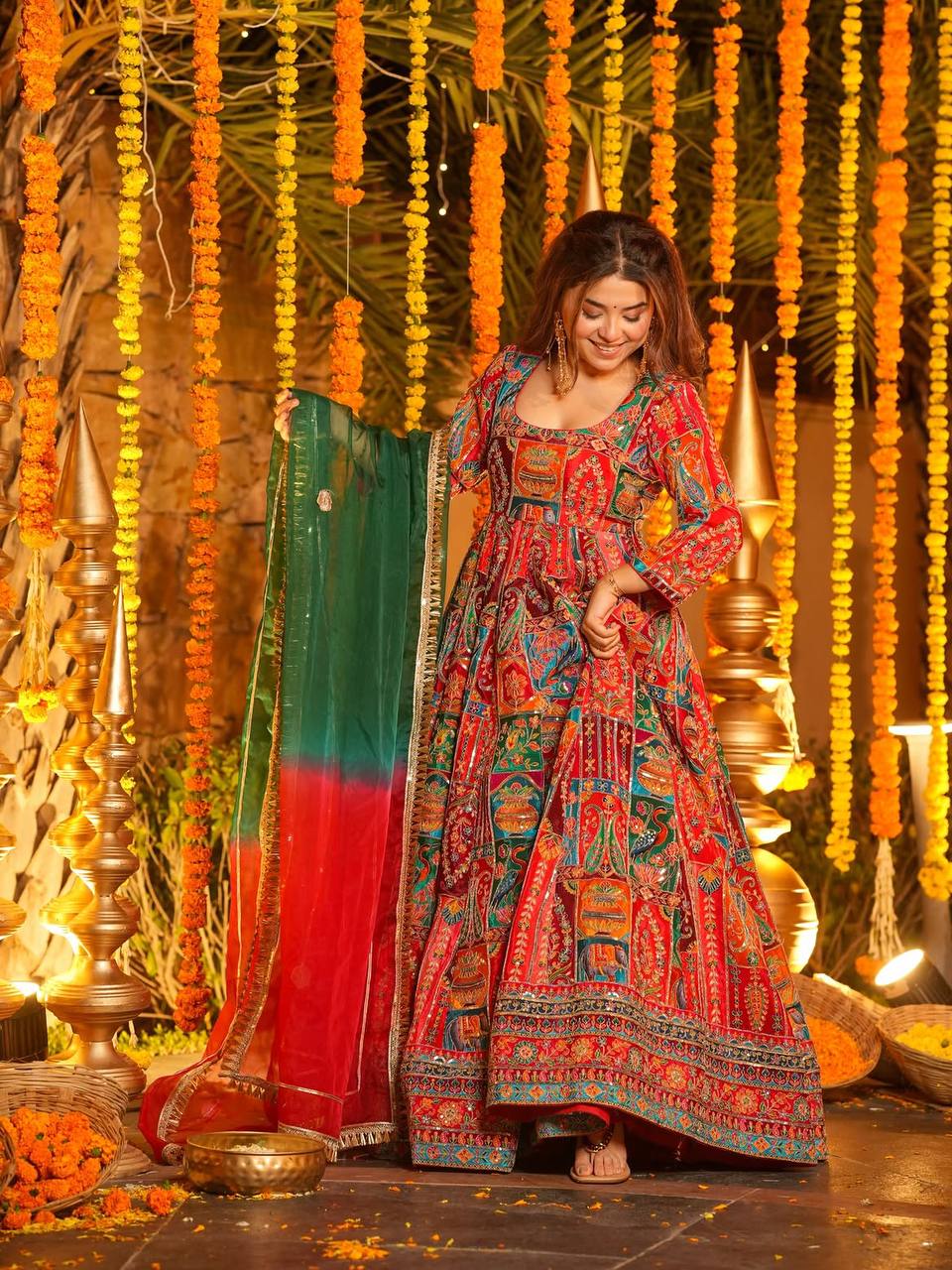 Orange Crepe Pure Embroidered Gown Set ClothsVilla