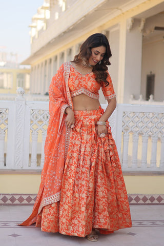 Orange Dazzling Designer Dyeable Pure Viscose Jacquard Lehenga Choli Set with Sequins Embroidery ClothsVilla
