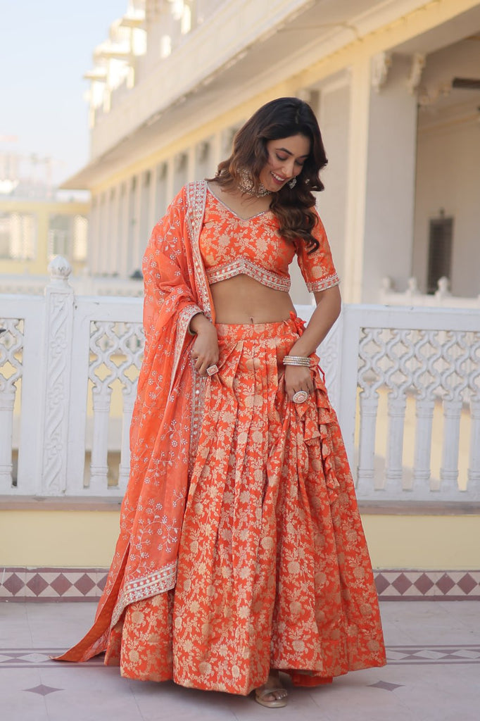 Multi Color Designer Bridal Lehenga Choli With Embroidery Work Banarasi  Silk Fabric