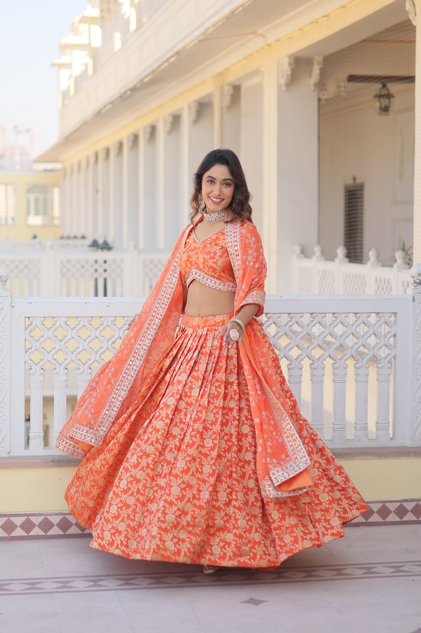 Orange Dazzling Designer Dyeable Pure Viscose Jacquard Lehenga Choli Set with Sequins Embroidery ClothsVilla