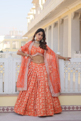 Orange Dazzling Designer Dyeable Pure Viscose Jacquard Lehenga Choli Set with Sequins Embroidery ClothsVilla