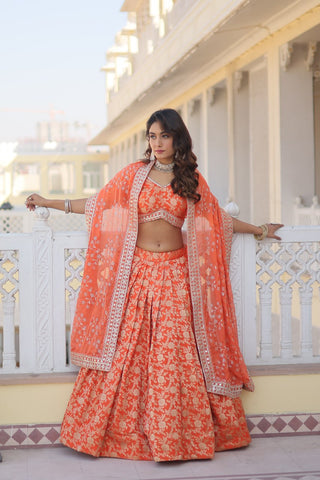 Orange Dazzling Designer Dyeable Pure Viscose Jacquard Lehenga Choli Set with Sequins Embroidery ClothsVilla