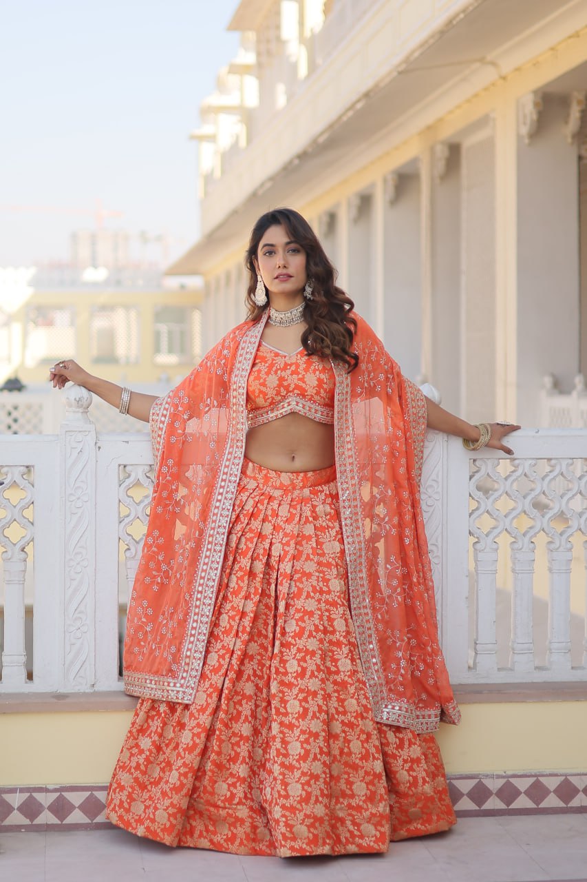 Orange Dazzling Designer Dyeable Pure Viscose Jacquard Lehenga Choli Set with Sequins Embroidery ClothsVilla