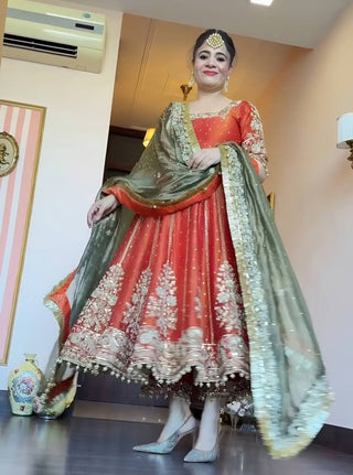 Orange Designer Fandy Satin Embroidered Anarkali Gown Set with Zari & 3 mm Sequins, Dhudhri Lace Detailing, Matching Pant & Silk Dupatta ClothsVilla