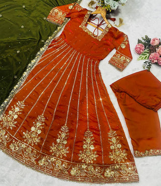 Orange Designer Fandy Satin Embroidered Anarkali Gown Set with Zari & 3 mm Sequins, Dhudhri Lace Detailing, Matching Pant & Silk Dupatta ClothsVilla