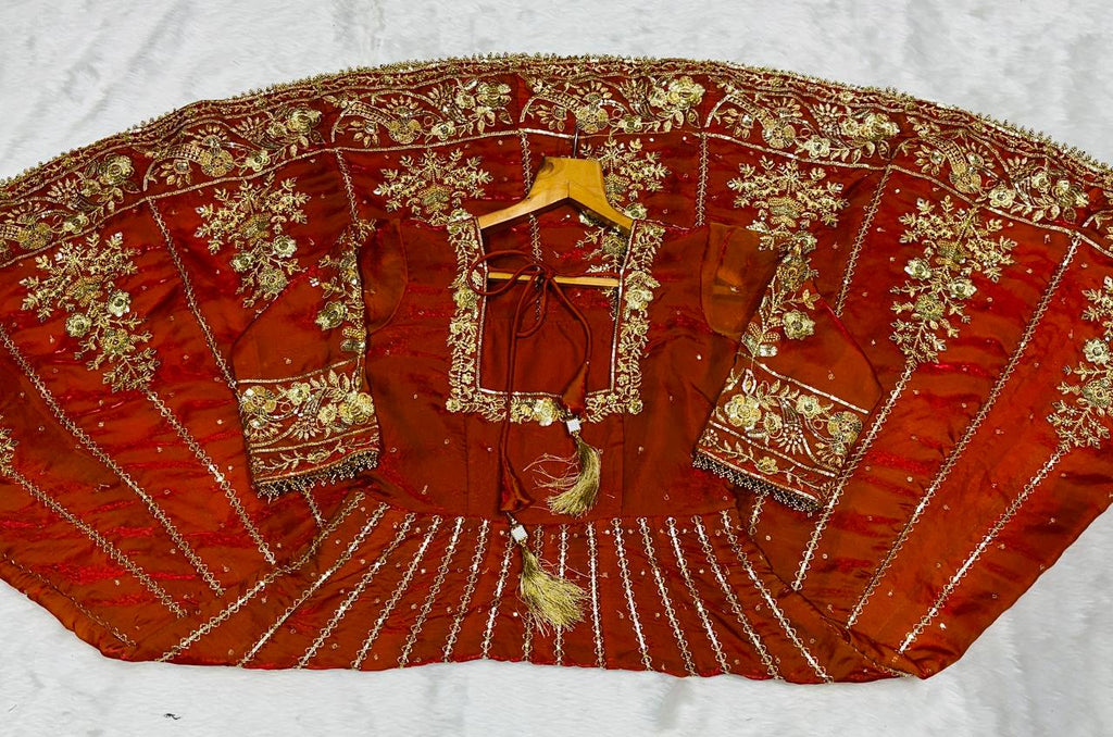 Orange Designer Fandy Satin Embroidered Anarkali Gown Set with Zari & 3 mm Sequins, Dhudhri Lace Detailing, Matching Pant & Silk Dupatta ClothsVilla