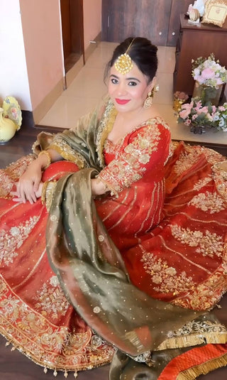Orange Designer Fandy Satin Embroidered Anarkali Gown Set with Zari & 3 mm Sequins, Dhudhri Lace Detailing, Matching Pant & Silk Dupatta ClothsVilla