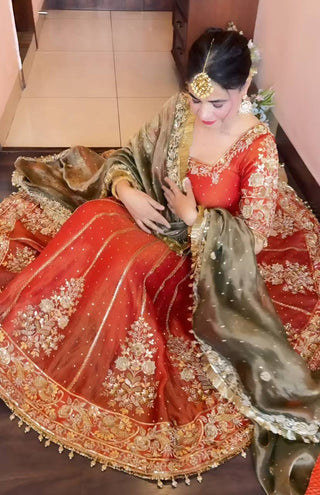 Orange Designer Fandy Satin Embroidered Anarkali Gown Set with Zari & 3 mm Sequins, Dhudhri Lace Detailing, Matching Pant & Silk Dupatta ClothsVilla