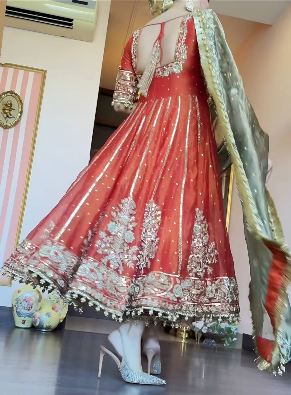 Orange Designer Fandy Satin Embroidered Anarkali Gown Set with Zari & 3 mm Sequins, Dhudhri Lace Detailing, Matching Pant & Silk Dupatta ClothsVilla