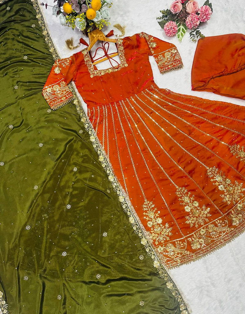 Orange Designer Fandy Satin Embroidered Anarkali Gown Set with Zari & 3 mm Sequins, Dhudhri Lace Detailing, Matching Pant & Silk Dupatta ClothsVilla