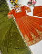 Load image into Gallery viewer, Orange Designer Fandy Satin Embroidered Anarkali Gown Set with Zari &amp; 3 mm Sequins, Dhudhri Lace Detailing, Matching Pant &amp; Silk Dupatta ClothsVilla
