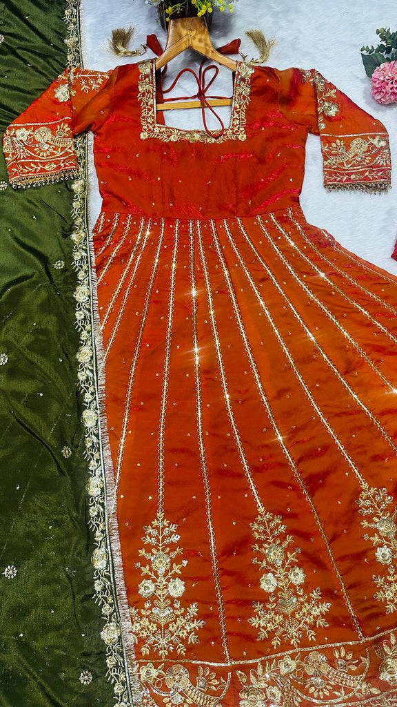 Orange Designer Fandy Satin Embroidered Anarkali Gown Set with Zari & 3 mm Sequins, Dhudhri Lace Detailing, Matching Pant & Silk Dupatta ClothsVilla