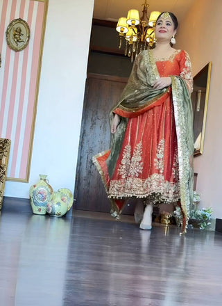 Orange Designer Fandy Satin Embroidered Anarkali Gown Set with Zari & 3 mm Sequins, Dhudhri Lace Detailing, Matching Pant & Silk Dupatta ClothsVilla