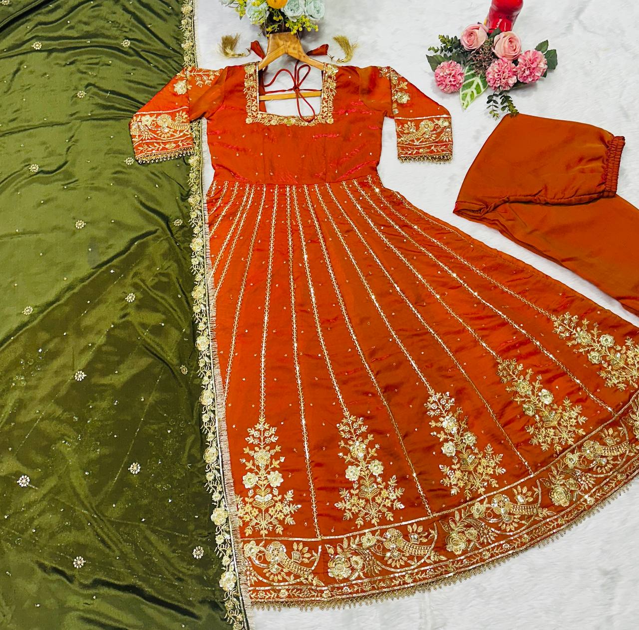 Orange Designer Fandy Satin Embroidered Anarkali Gown Set with Zari & 3 mm Sequins, Dhudhri Lace Detailing, Matching Pant & Silk Dupatta ClothsVilla