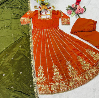 Orange Designer Fandy Satin Embroidered Anarkali Gown Set with Zari & 3 mm Sequins, Dhudhri Lace Detailing, Matching Pant & Silk Dupatta ClothsVilla