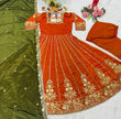 Load image into Gallery viewer, Orange Designer Fandy Satin Embroidered Anarkali Gown Set with Zari &amp; 3 mm Sequins, Dhudhri Lace Detailing, Matching Pant &amp; Silk Dupatta ClothsVilla