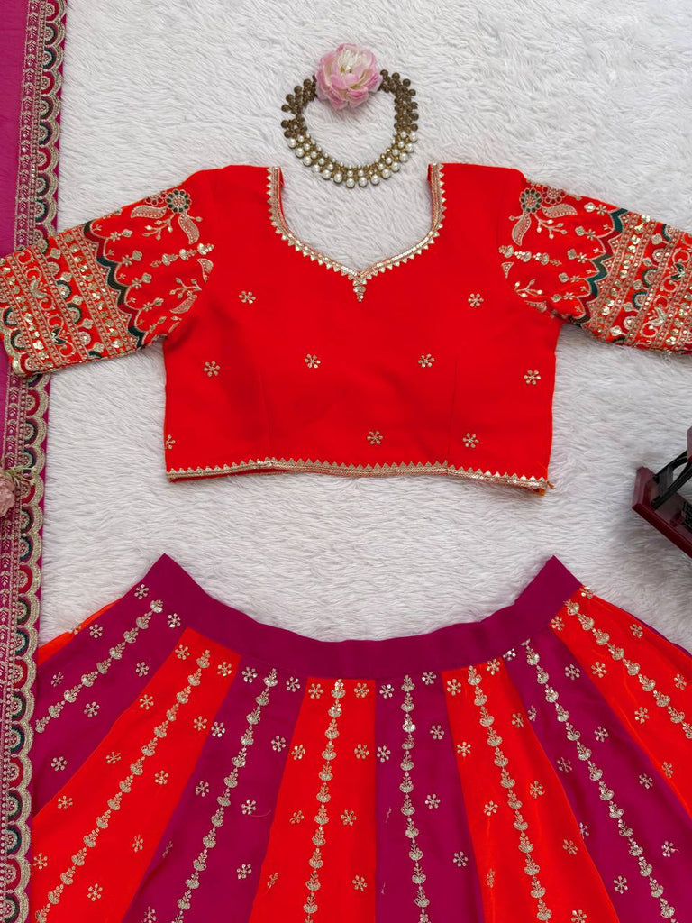 Orange Designer Faux Georgette Lehenga Choli with Thread & Sequin Embroidery and Dupatta – 4 Meter Flair, Fully Stitched ClothsVilla