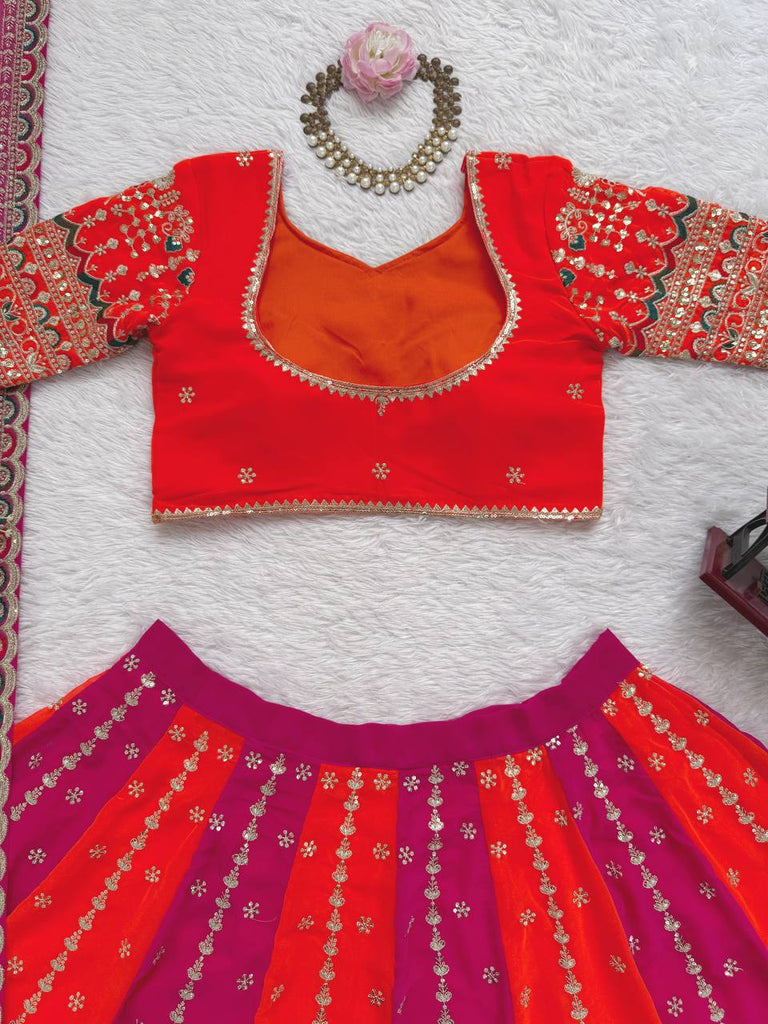 Orange Designer Faux Georgette Lehenga Choli with Thread & Sequin Embroidery and Dupatta – 4 Meter Flair, Fully Stitched ClothsVilla