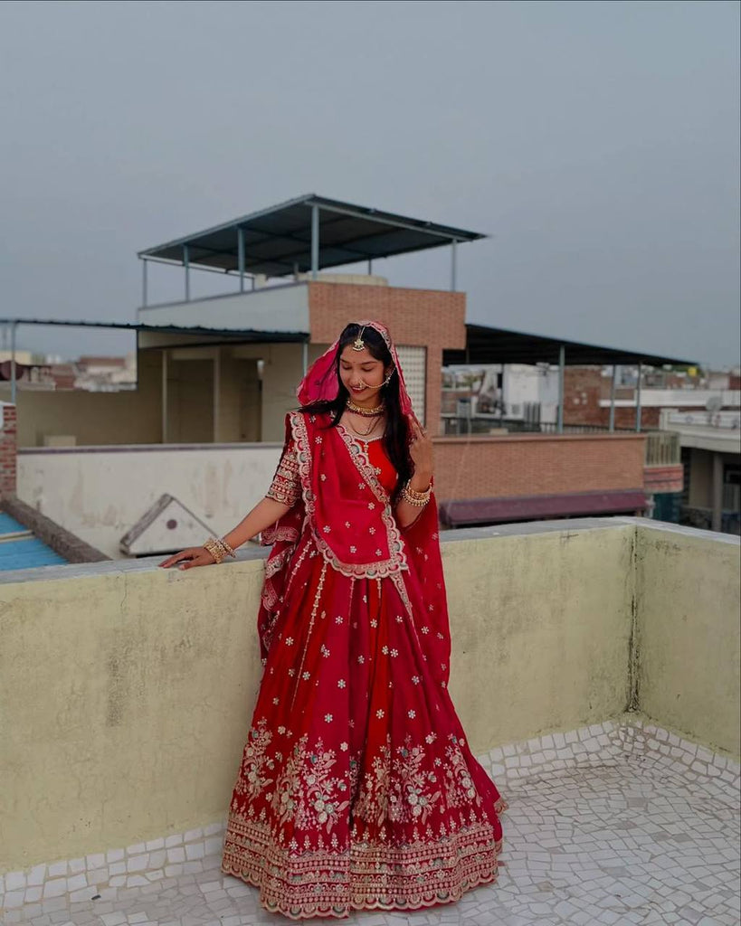 Orange Designer Faux Georgette Lehenga Choli with Thread & Sequin Embroidery and Dupatta – 4 Meter Flair, Fully Stitched ClothsVilla
