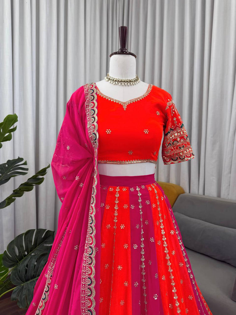 Orange Designer Faux Georgette Lehenga Choli with Thread & Sequin Embroidery and Dupatta – 4 Meter Flair, Fully Stitched ClothsVilla