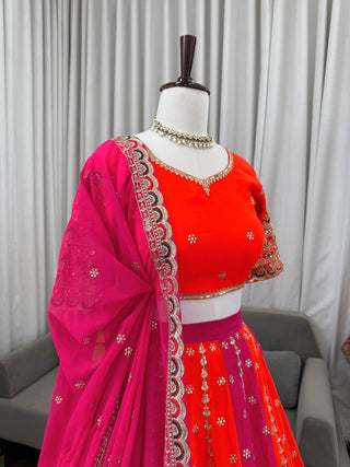 Orange Designer Faux Georgette Lehenga Choli with Thread & Sequin Embroidery and Dupatta – 4 Meter Flair, Fully Stitched ClothsVilla