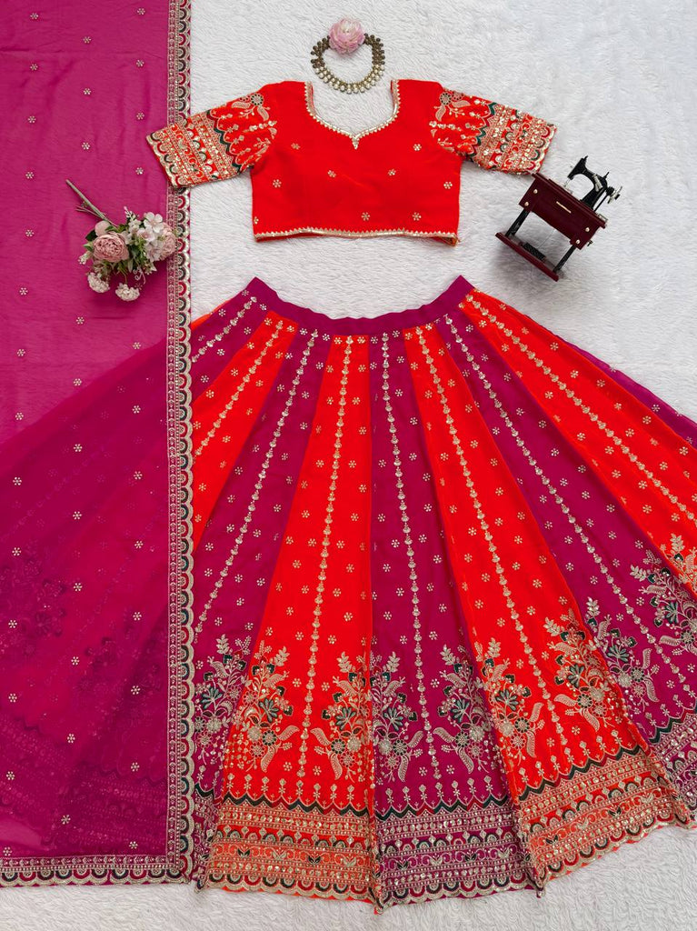 Orange Designer Faux Georgette Lehenga Choli with Thread & Sequin Embroidery and Dupatta – 4 Meter Flair, Fully Stitched ClothsVilla