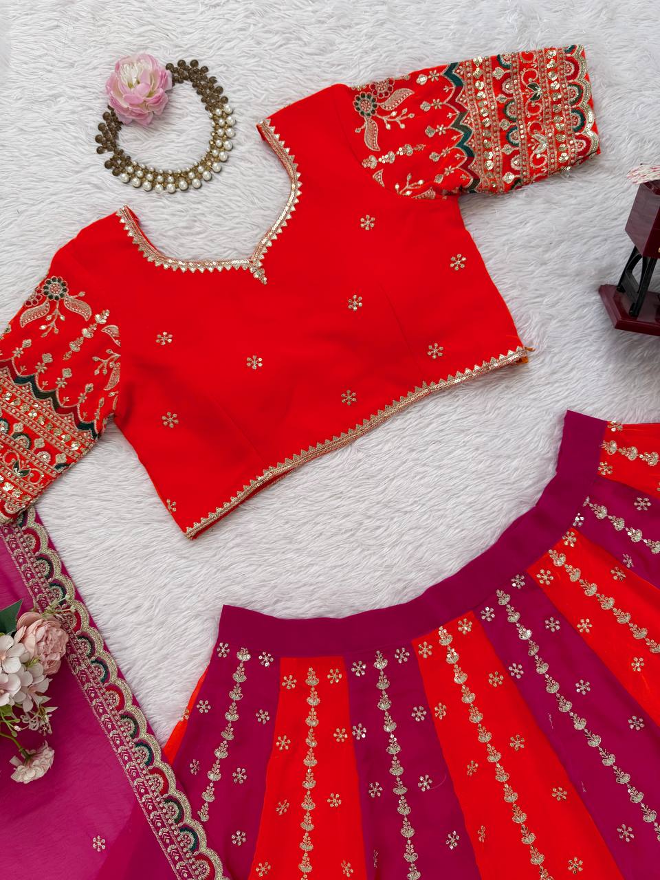 Orange Designer Faux Georgette Lehenga Choli with Thread & Sequin Embroidery and Dupatta – 4 Meter Flair, Fully Stitched ClothsVilla
