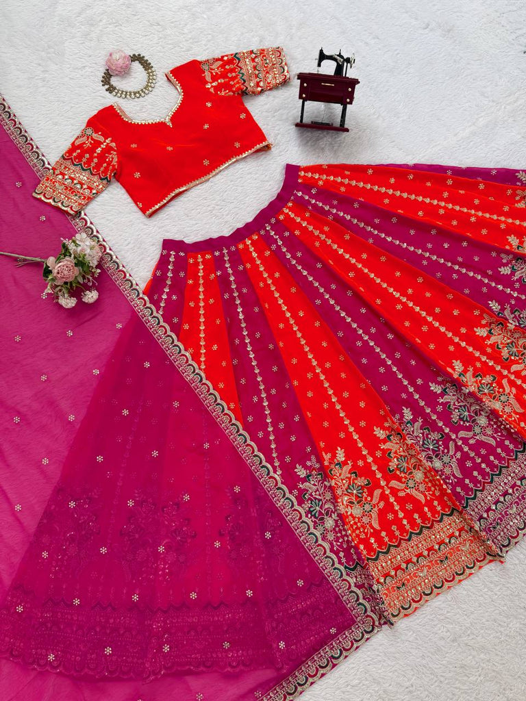 Orange Designer Faux Georgette Lehenga Choli with Thread & Sequin Embroidery and Dupatta – 4 Meter Flair, Fully Stitched ClothsVilla