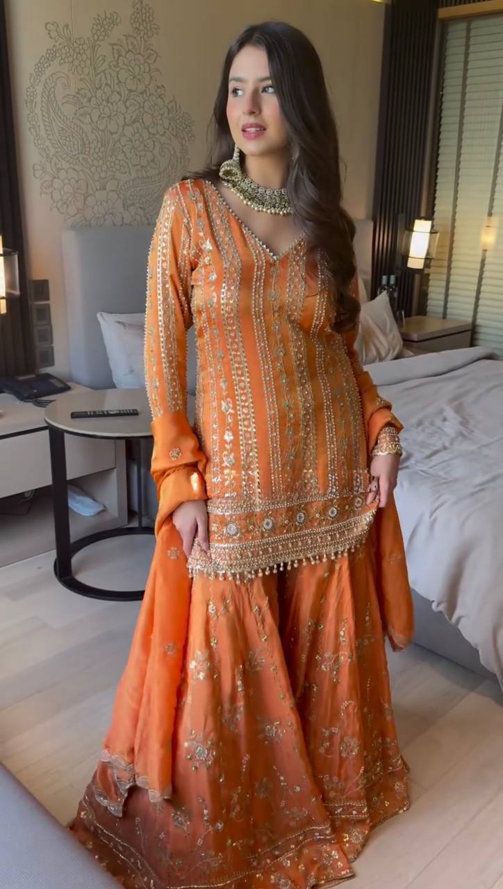 Orange Designer Faux Georgette Sharara Set with Thread & Sequin Work – Fully Stitched ClothsVilla