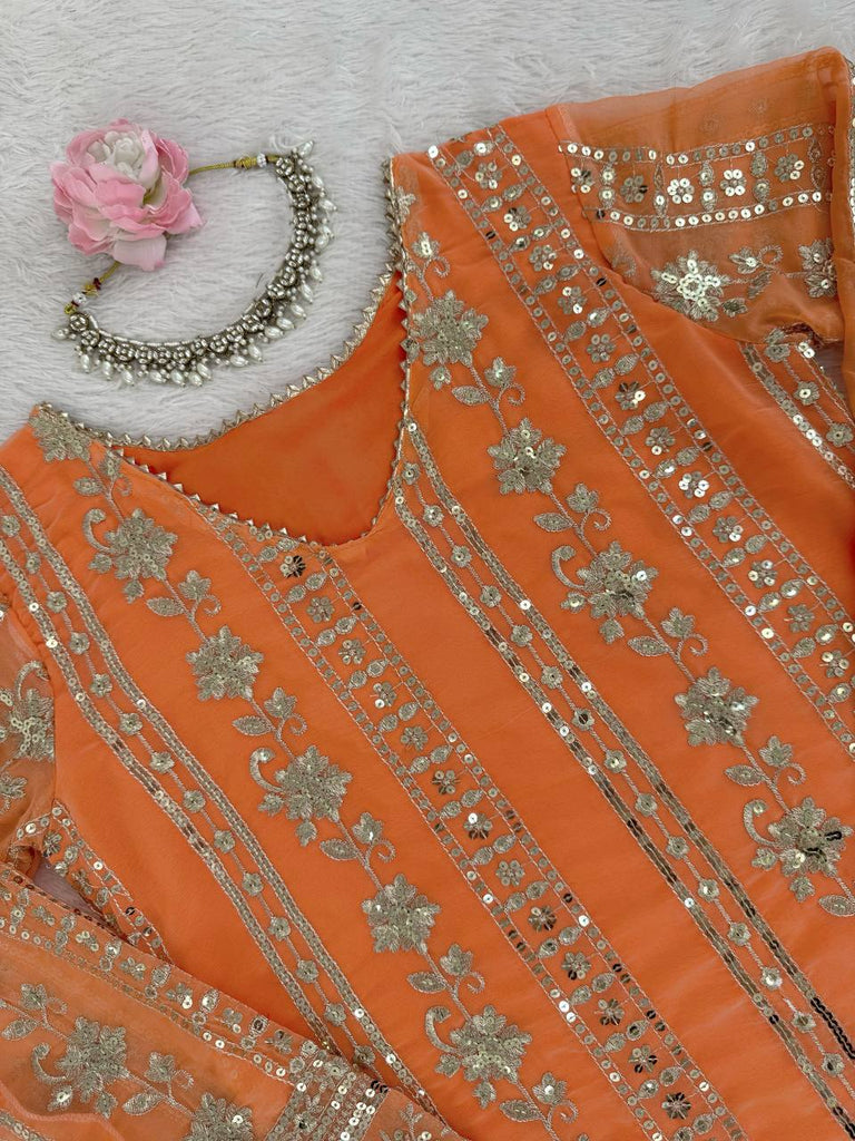 Orange Designer Faux Georgette Sharara Set with Thread & Sequin Work – Fully Stitched ClothsVilla