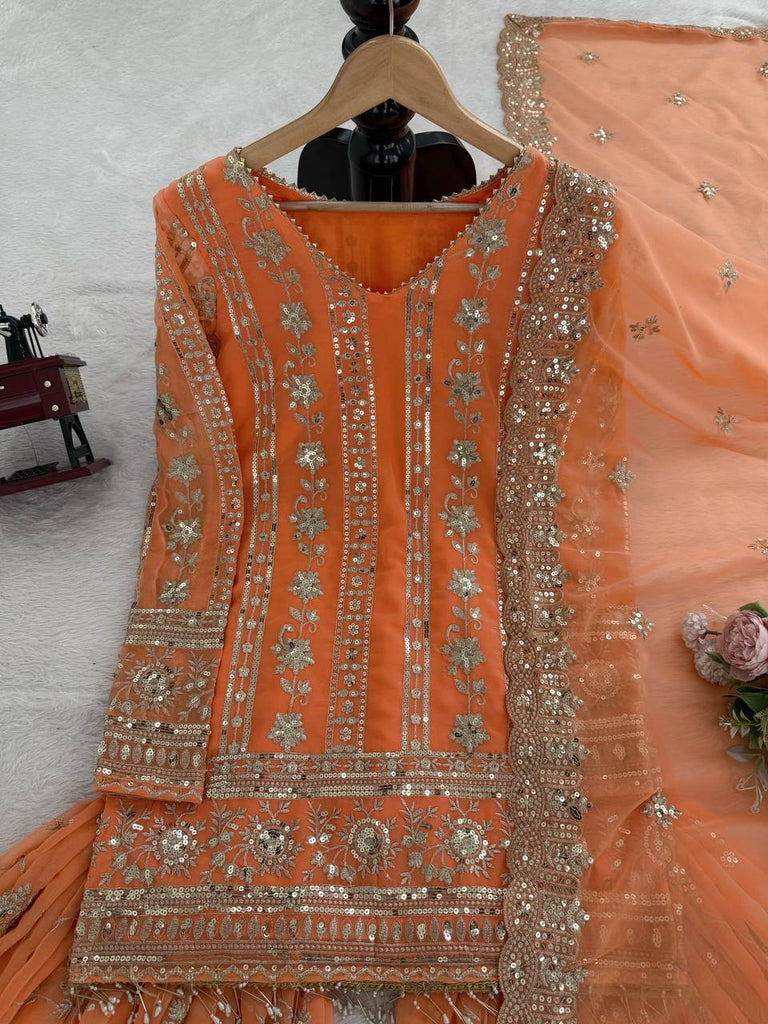 Orange Designer Faux Georgette Sharara Set with Thread & Sequin Work – Fully Stitched ClothsVilla