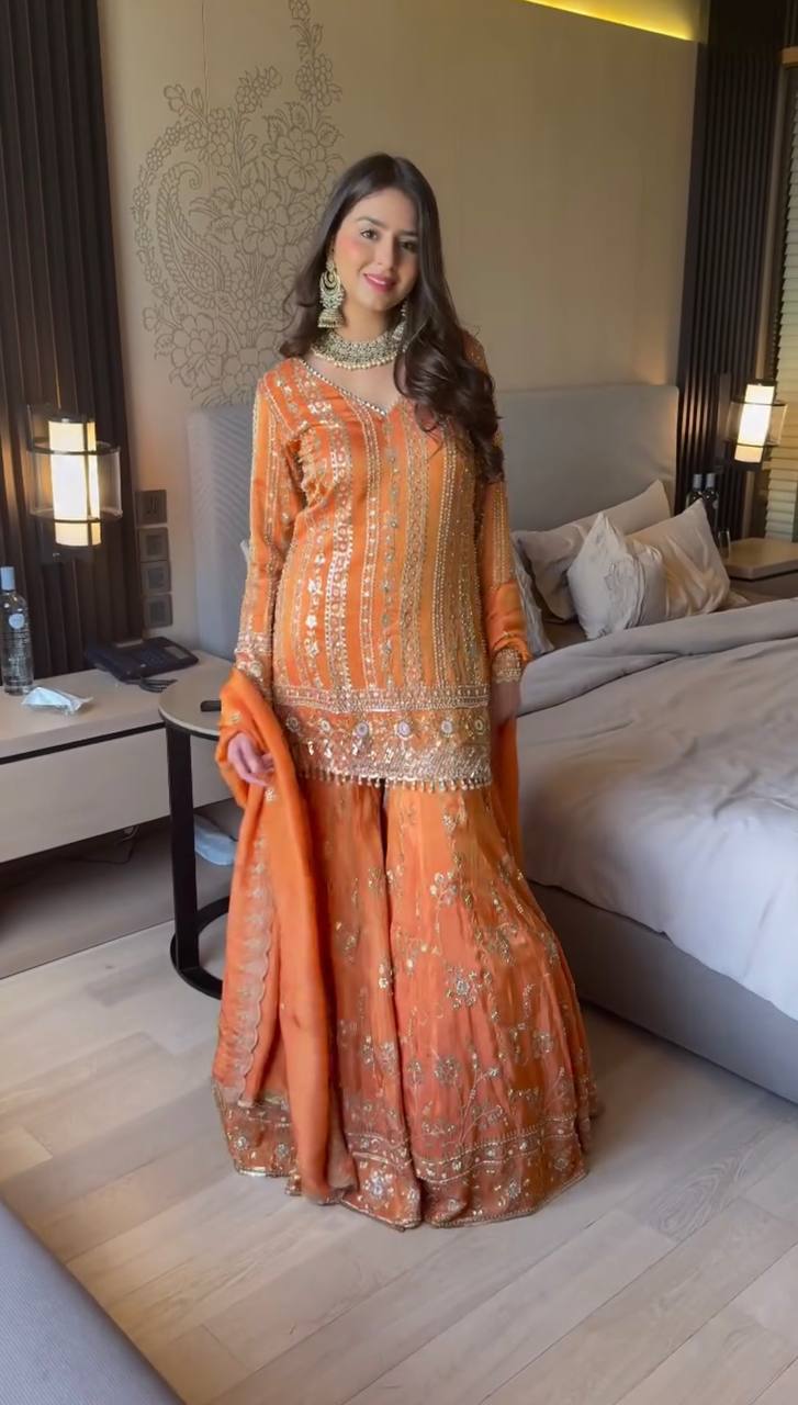 Orange Designer Faux Georgette Sharara Set with Thread & Sequin Work – Fully Stitched ClothsVilla