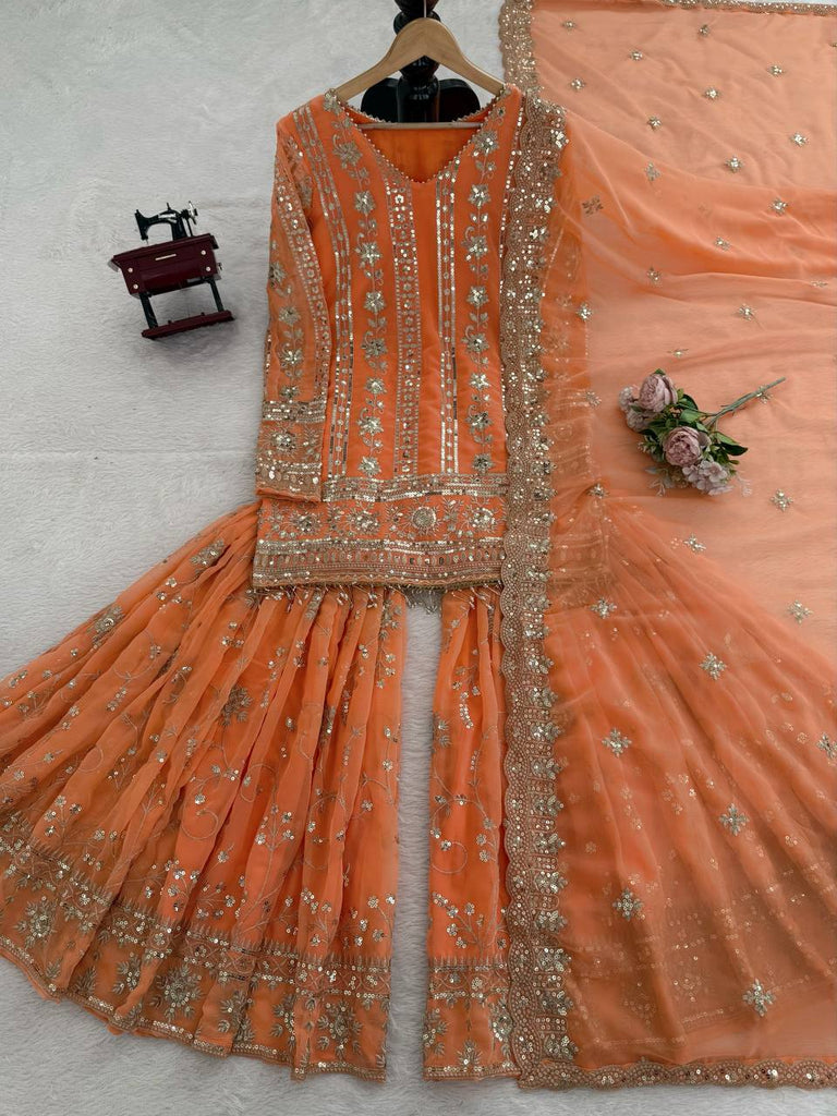 Orange Designer Faux Georgette Sharara Set with Thread & Sequin Work – Fully Stitched ClothsVilla