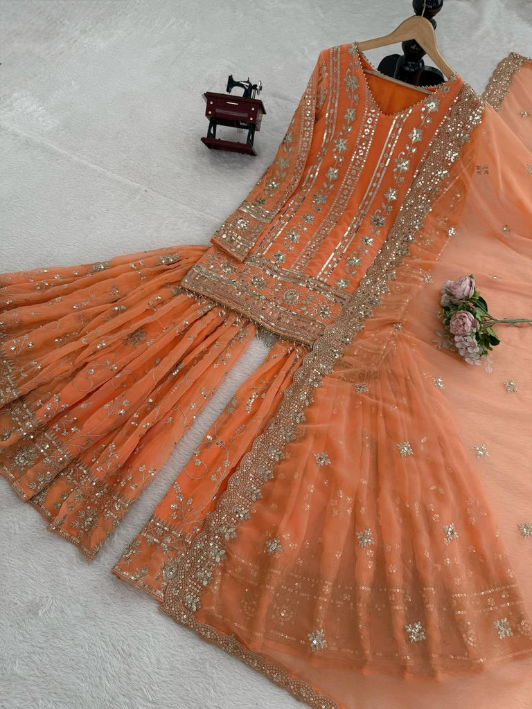 Orange Designer Faux Georgette Sharara Set with Thread & Sequin Work – Fully Stitched ClothsVilla