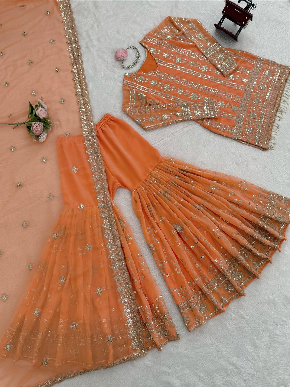 Orange Designer Faux Georgette Sharara Set with Thread & Sequin Work – Fully Stitched ClothsVilla