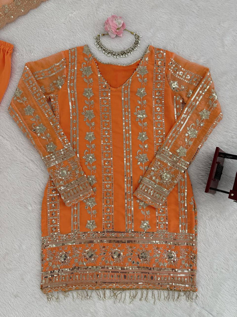 Orange Designer Faux Georgette Sharara Set with Thread & Sequin Work – Fully Stitched ClothsVilla