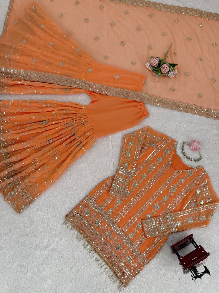 Orange Designer Faux Georgette Sharara Set with Thread & Sequin Work – Fully Stitched ClothsVilla