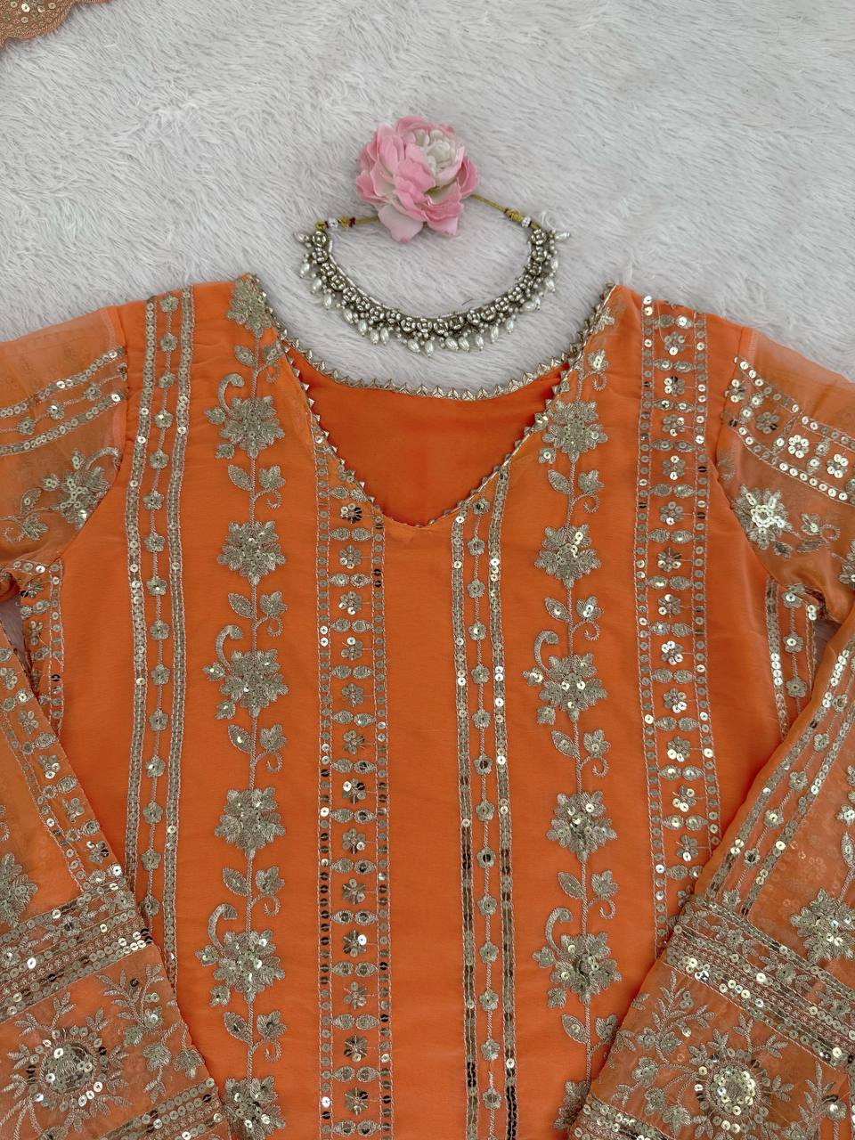 Orange Designer Faux Georgette Sharara Set with Thread & Sequin Work – Fully Stitched ClothsVilla