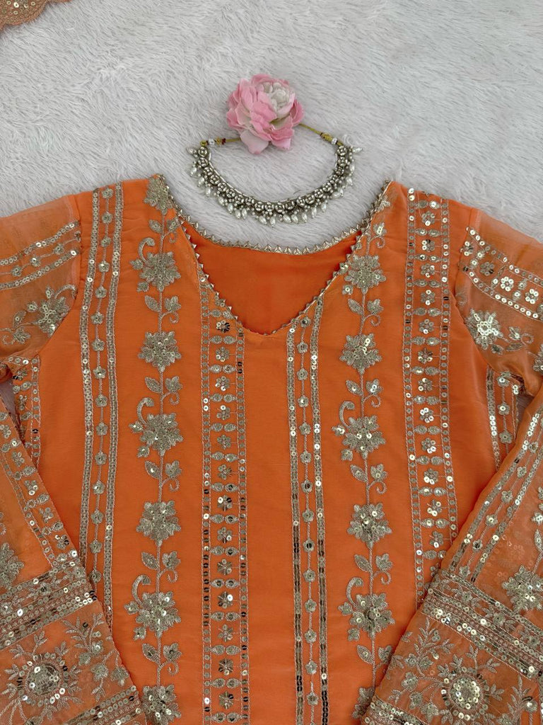Orange Designer Faux Georgette Sharara Set with Thread & Sequin Work – Fully Stitched ClothsVilla
