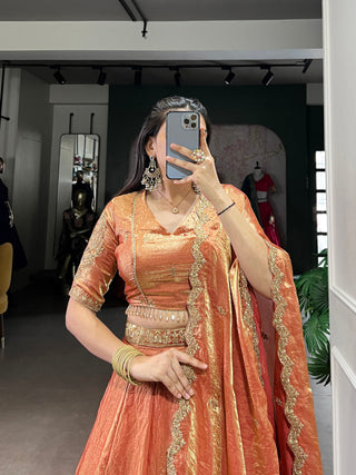 Orange Designer Fendi Lehenga Choli Set with Sequins & Thread Embroidery  Heavy Flair Stitched Lehenga with Dupatta ClothsVilla