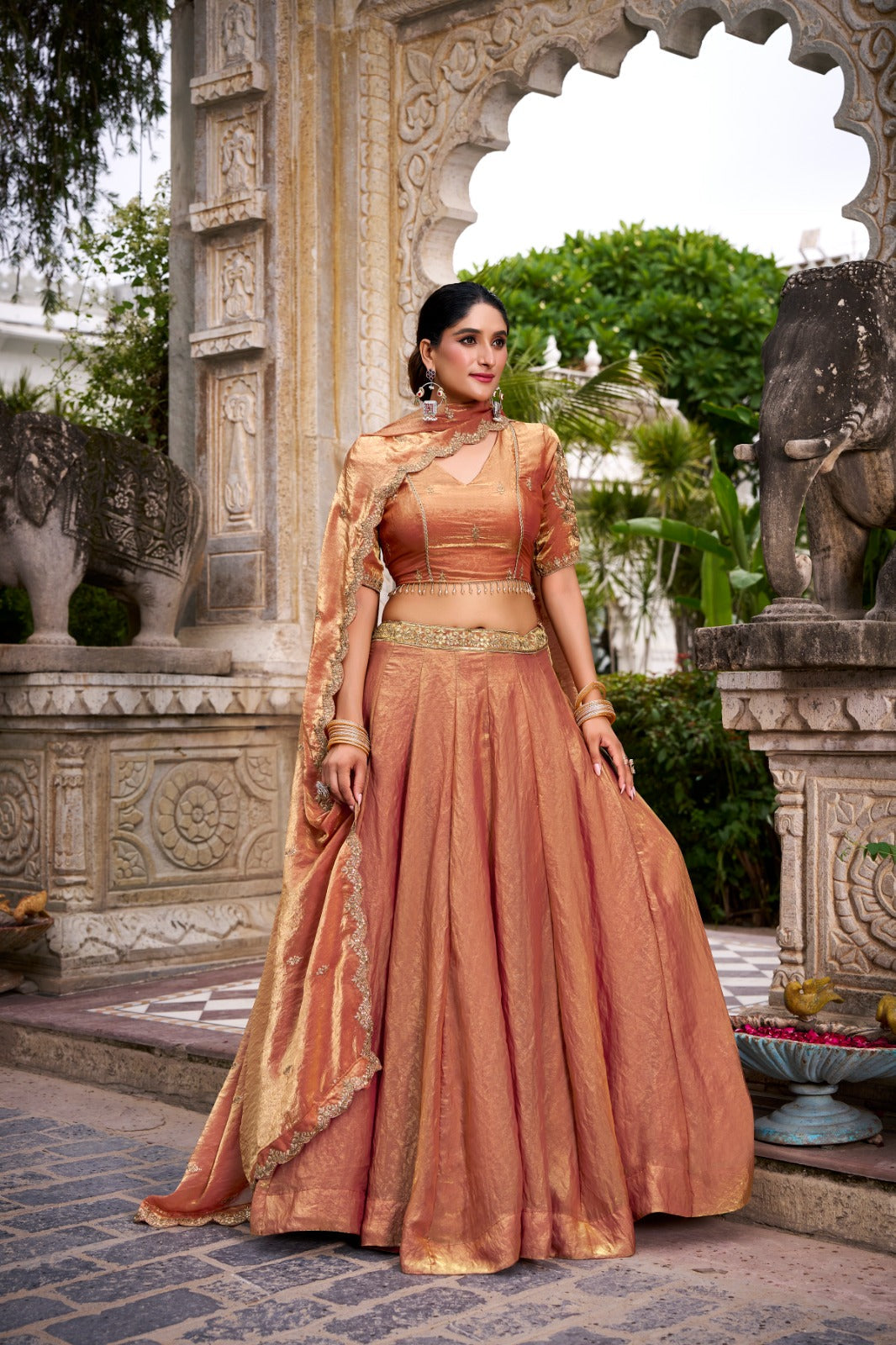 Orange Designer Fendi Lehenga Choli Set with Sequins & Thread Embroidery  Heavy Flair Stitched Lehenga with Dupatta Secondary image