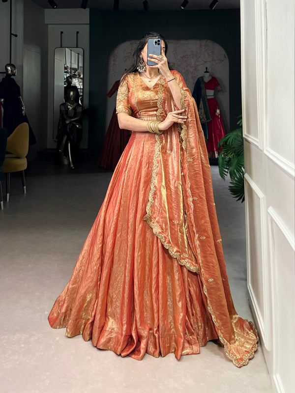 Orange Designer Fendi Lehenga Choli Set with Sequins & Thread Embroidery  Heavy Flair Stitched Lehenga with Dupatta ClothsVilla